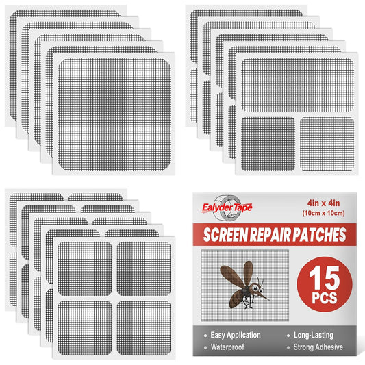 15 Sheets Window Screen Patches Repair Kit, Black 3 Sizes Fiberglass Screen Repair Patches, Strong Self Adhesive Quick Mesh Repair Tape for Window Screen Door, Mosquito Net Tears Holes Fix