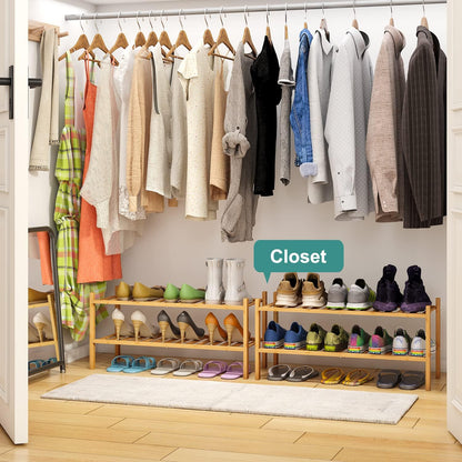 viewcare 3-Tier Black Bamboo Shoe Rack for Entryway, Stackable | Foldable | Natural, Shoe Shelf Storage Organizer for Hallway Closet, Free Standing Shoe Racks for Indoor Outdoor