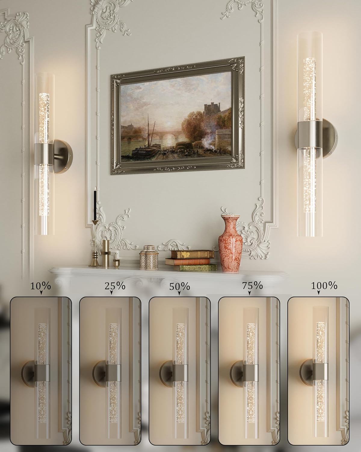 10000mAh Battery Operated Wall Sconce Set of 2, Rechargeable Wireless Wall Lights with Remote Control, Dimmable Timer 3 Color Temperature Glass Wall Lamp for Living Room Bedroom Gold 21.5 Inch