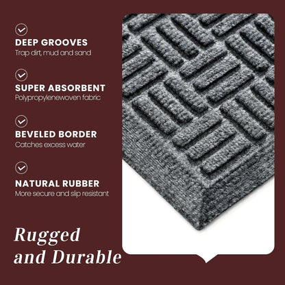 Mibao Front Door Mat, Heavy Duty Durable Welcome Mat for Outdoor Indoor, Dirt Trapper Waterproof Super Absorbent Door Mat for Entryway Outside Patio Porch, 29.5" x 17", Grey