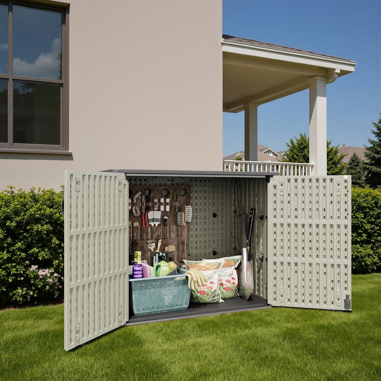 Patiowell 26 Cu.ft Outdoor Storage Cabinet with Lockable Door, Waterproof Horizontal Storage Shed for Tools and Patio Furniture, All-Weather Resin Shed Easy Assemble for Pool or Backyards, Brown