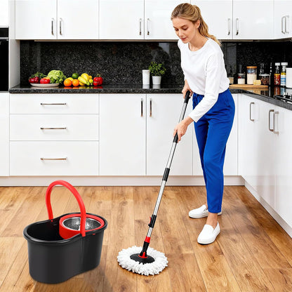 Spin Mop and Bucket with Wringer Set,360° Mop and Bucket System with One Microfiber Mop Refills and 50" Extended Handle for Floor Cleaning (Black)