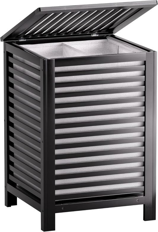 SMIBUY Double Laundry Hamper with Lid, 120L Bamboo Laundry Basket with Removable Liner Bag, 2-Section Clothes Divider Laundry Sorter for Laundry Room, Bathroom, Bedroom (Walnut)