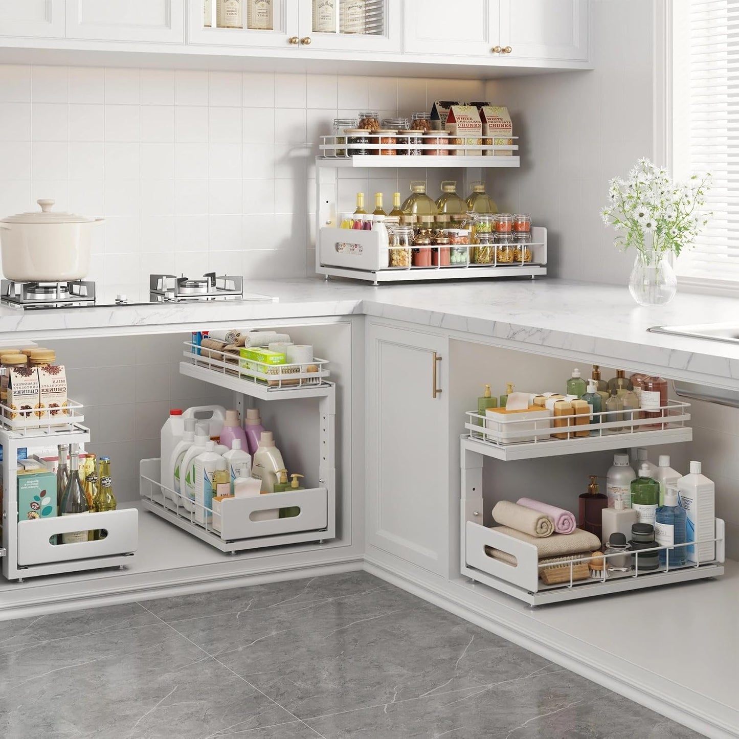 Under Sink Organizer Upgrade To Professional Rails,2-Tier Dual Pull Out Cabinet Storage,Height Adjustable Slide Out Drawers For Bathroom Kitchen,2 Pack-14.5" Dx12.8-16.9" H,White