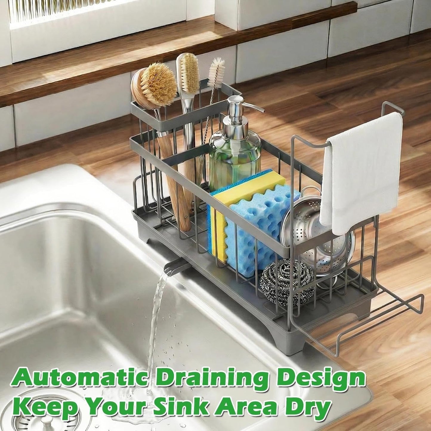 Sponge Holder for Kitchen Sink, Sink Caddy Organizer with Detachable Cloth & Brush Holder, Self-Draining Sponge Caddy Organizer with 360° Rotatable Spout, Kitchen Countertop Storage Accessories(Black)