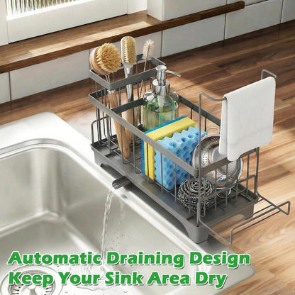 Sponge Holder for Kitchen Sink, Sink Caddy Organizer with Detachable Cloth & Brush Holder, Self-Draining Sponge Caddy Organizer with 360° Rotatable Spout, Kitchen Countertop Storage Accessories(Black)
