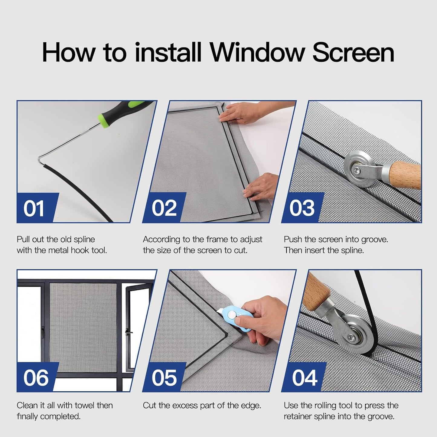 Window Screen Door Repair Kit Include Window Screens Mesh 48"x114" with All Tools in Window Screen Replacement(Screen Rollers, Splines, Hook), Yolovit
