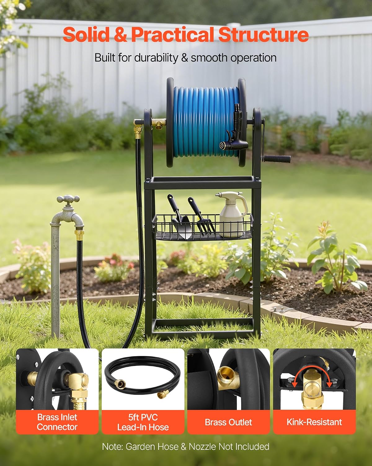 VEVOR Wall Mounted Garden Hose Reel, Holds 125 ft 5/8-inch Hose, Heavy-Duty Water Hose Winder, Space-Saving Design, Outdoor Manual Reel with Brass Fitting and Storage Basket for Yard Lawn
