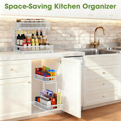 Under Sink Organizer 2-Pack, Metal 2-Tier Pull-Out Cabinet Shelf with Slide-Out Mesh Drawers, Height Adjustable, Space-Saving Under Sink Storage Racks for Kitchen, Bathroom, Laundry Room