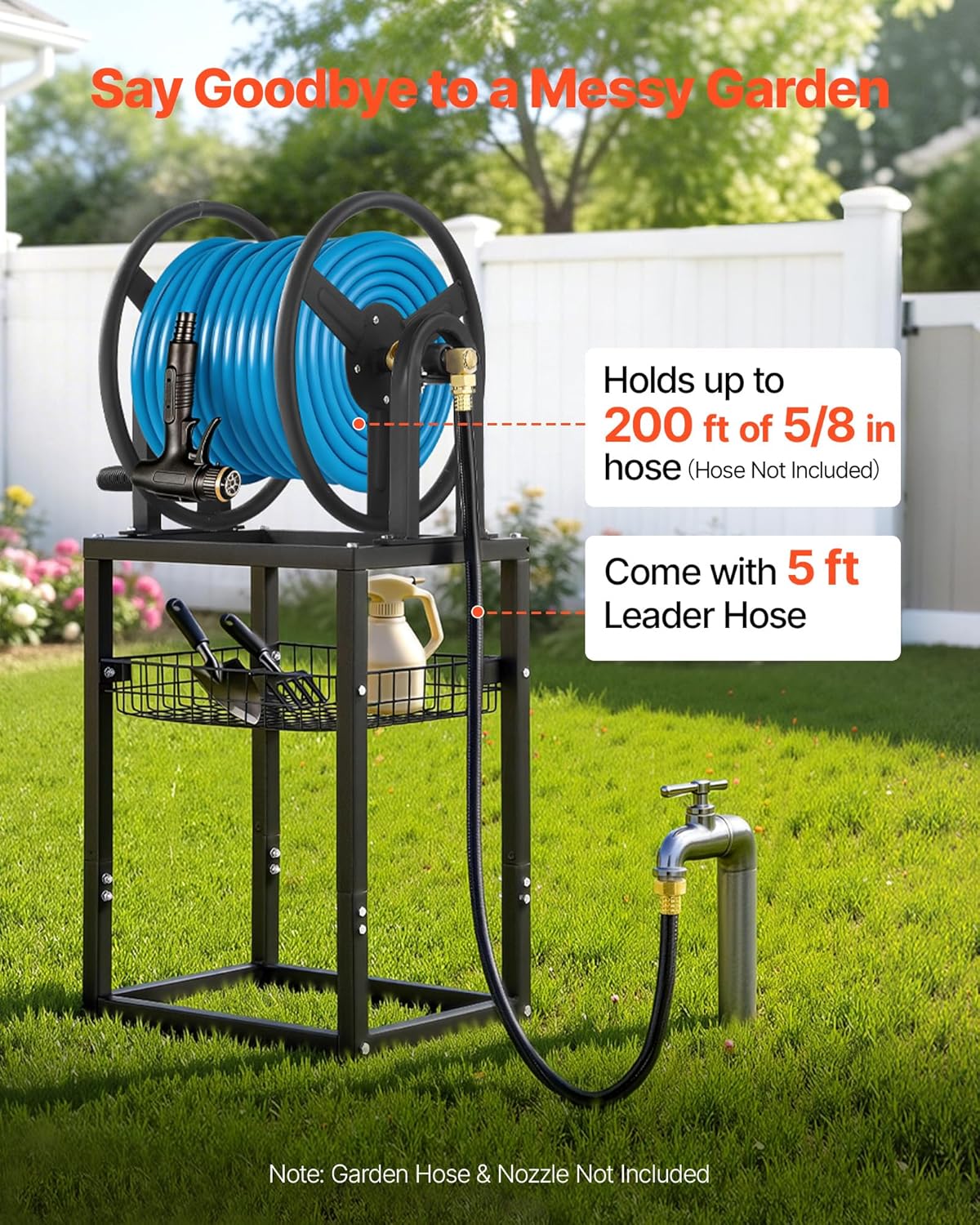 VEVOR Wall Mounted Garden Hose Reel, Holds 125 ft 5/8-inch Hose, Heavy-Duty Water Hose Winder, Space-Saving Design, Outdoor Manual Reel with Brass Fitting and Storage Basket for Yard Lawn