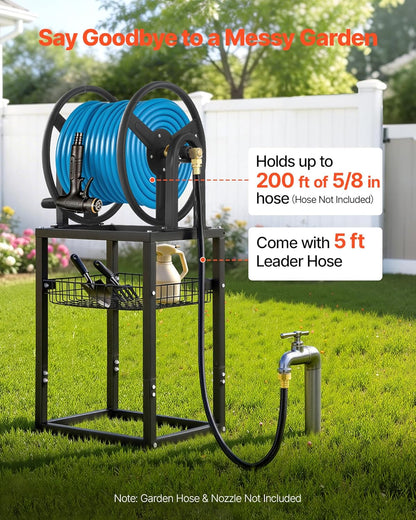 VEVOR Wall Mounted Garden Hose Reel, Holds 125 ft 5/8-inch Hose, Heavy-Duty Water Hose Winder, Space-Saving Design, Outdoor Manual Reel with Brass Fitting and Storage Basket for Yard Lawn