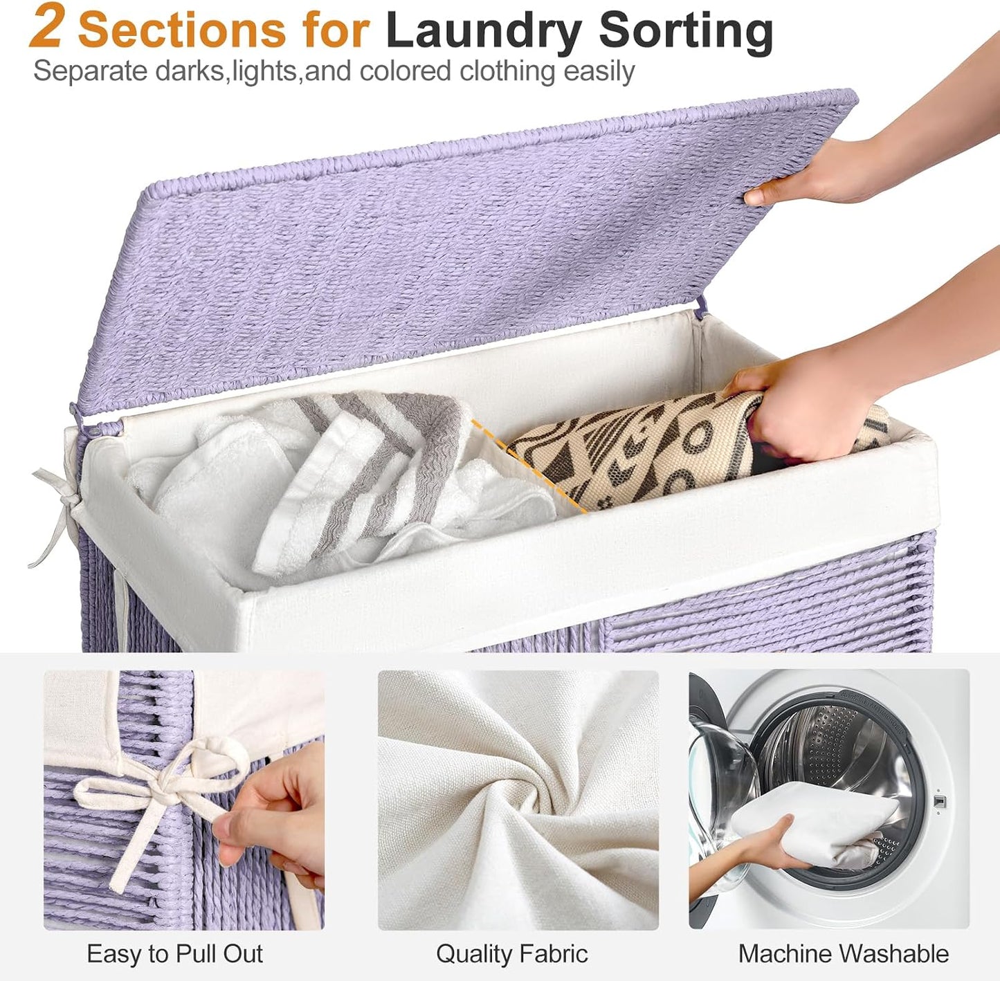 WOWLIVE Double Laundry Hamper with Lid, Handwoven Rolling Laundry Basket with Wheels, 115L Dirty Clothes Hamper with Removable Liner Bag Large Capacity Laundry Sorter Laundry Room Organization,Natural