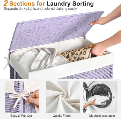 WOWLIVE Double Laundry Hamper with Lid, Handwoven Rolling Laundry Basket with Wheels, 115L Dirty Clothes Hamper with Removable Liner Bag Large Capacity Laundry Sorter Laundry Room Organization,Natural