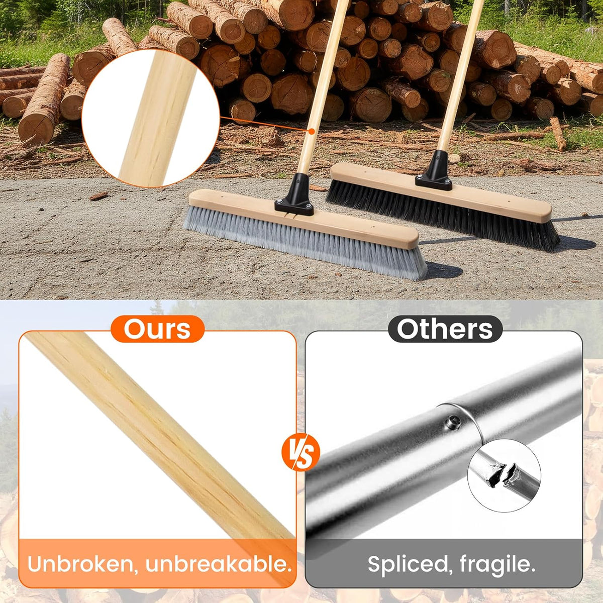 ALANNG 24” Push Brooms for Indoor and Outdoor, Heavy Duty Broom for Sweeping with 61” Wood Handle, Soft Bristle and Stiff Bristle Broom Set for Shop, Garage (2 Pieces)