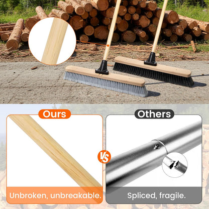 ALANNG 24” Push Brooms for Indoor and Outdoor, Heavy Duty Broom for Sweeping with 61” Wood Handle, Soft Bristle and Stiff Bristle Broom Set for Shop, Garage (2 Pieces)