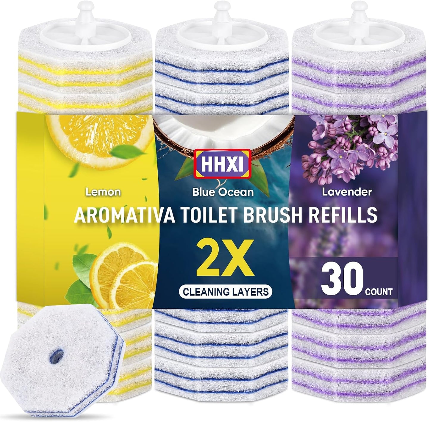 30Ct Aromative Toilet Brush Refills, Toilet Bowl Cleaner Refills, Double-Layer Cleaning Pads Added, Disposable Refill Heads for Toilet Bowl Cleaner Wands，Lemon, Blue Ocean, Lavender （Patented）