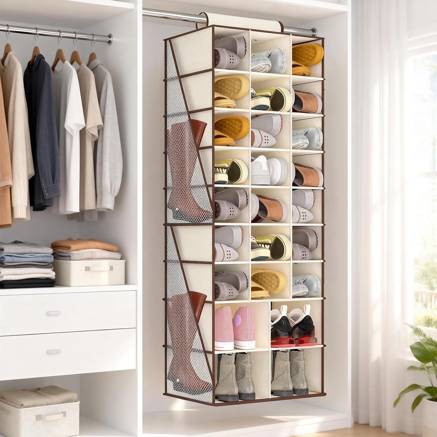 Hanging Shoe Organizer for Closet with 8 Shelves,Mesh Pockets-Wider Hanging Shelves for Shoes,Clothes,Hats with Sturdy Bamboo-Supported Design (Beige)