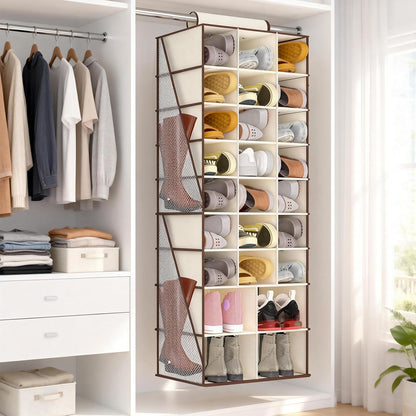 Hanging Shoe Organizer for Closet with 8 Shelves,Mesh Pockets-Wider Hanging Shelves for Shoes,Clothes,Hats with Sturdy Bamboo-Supported Design (Beige)