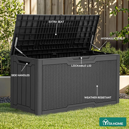 YITAHOME 100 Gallon Large Outdoor Deck Box | Waterproof Resin Storage Box, Lockable Indoor Outdoor Storage Container for Patio Furniture Cushions, Pool Accessories