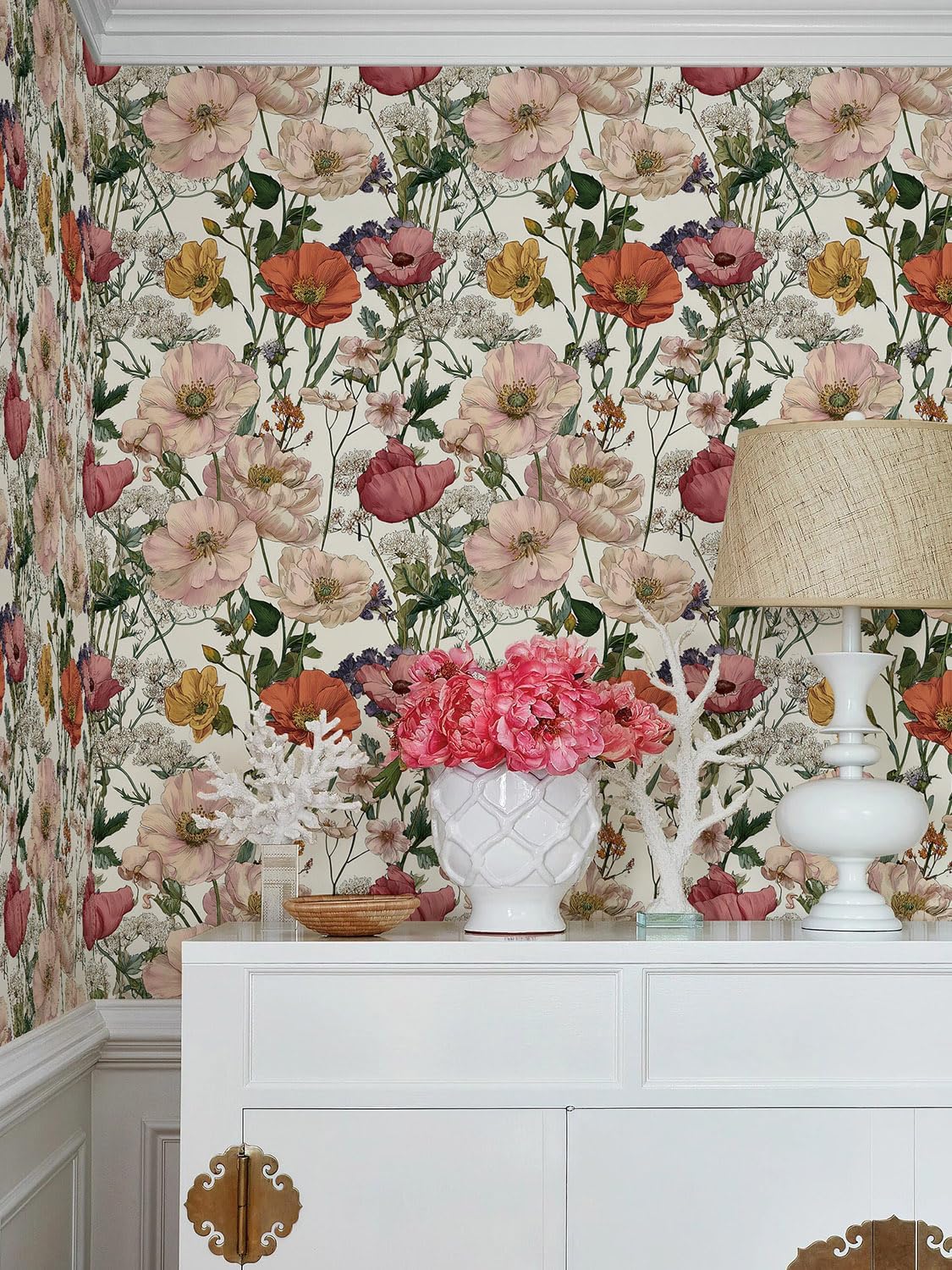 Orainege Pink Floral Peel and Stick Wallpaper Removable Self Adhesive Wallpaper 16.9inx118.1in Modern Wall Paper for Bedroom Bathroom Green Leaf Contact Paper for Cabinets