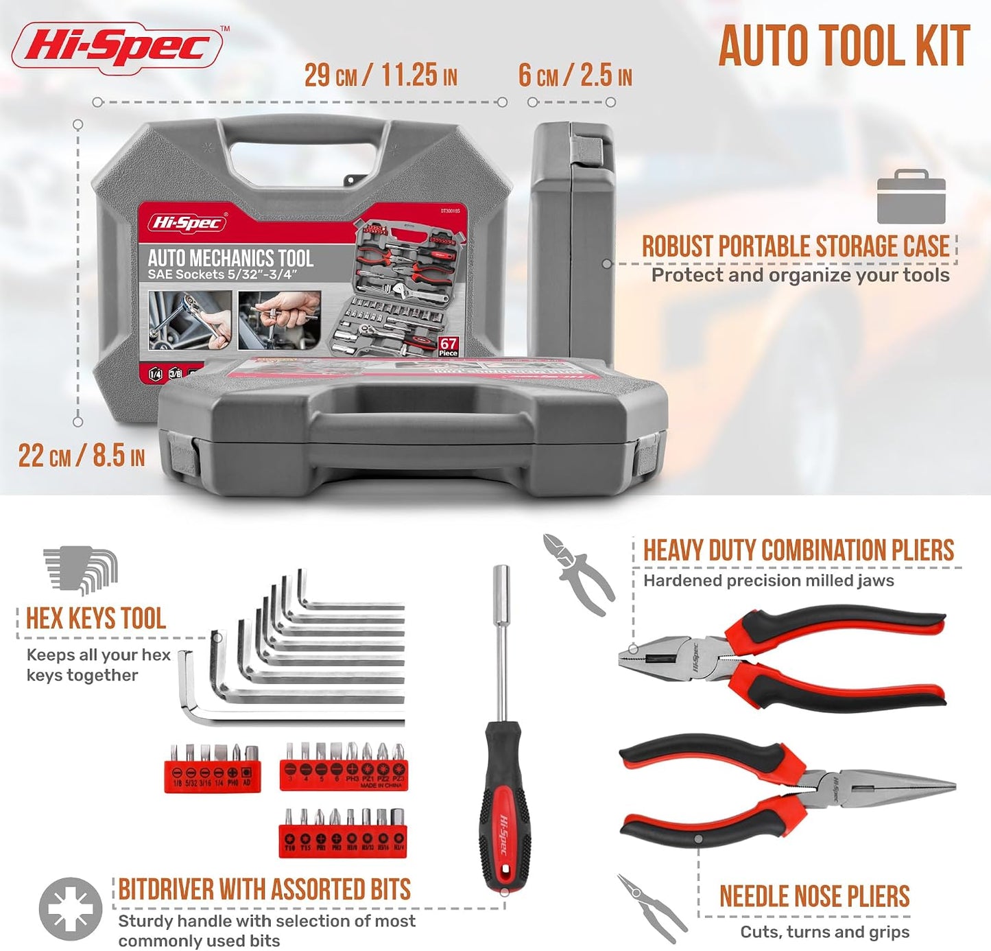 Hi-Spec 73pc Home and Garage Tool Kit Set. Essential Household and Auto Repair Tools. Includes Pliers, Sockets, Wrenches and a Hex Key Set in a Toolbox Carry Case