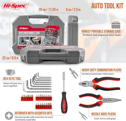 Hi-Spec 73pc Home and Garage Tool Kit Set. Essential Household and Auto Repair Tools. Includes Pliers, Sockets, Wrenches and a Hex Key Set in a Toolbox Carry Case
