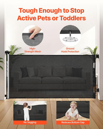 VEVOR Retractable Baby Gate, Extends to 202.7 inch Extra Wide, 39 inch Tall, with Reinforced Fiberglass Strips, Avoids Crawling Through, Mesh Dog Gate for Decks, Doorways, Garages, Indoor, Black