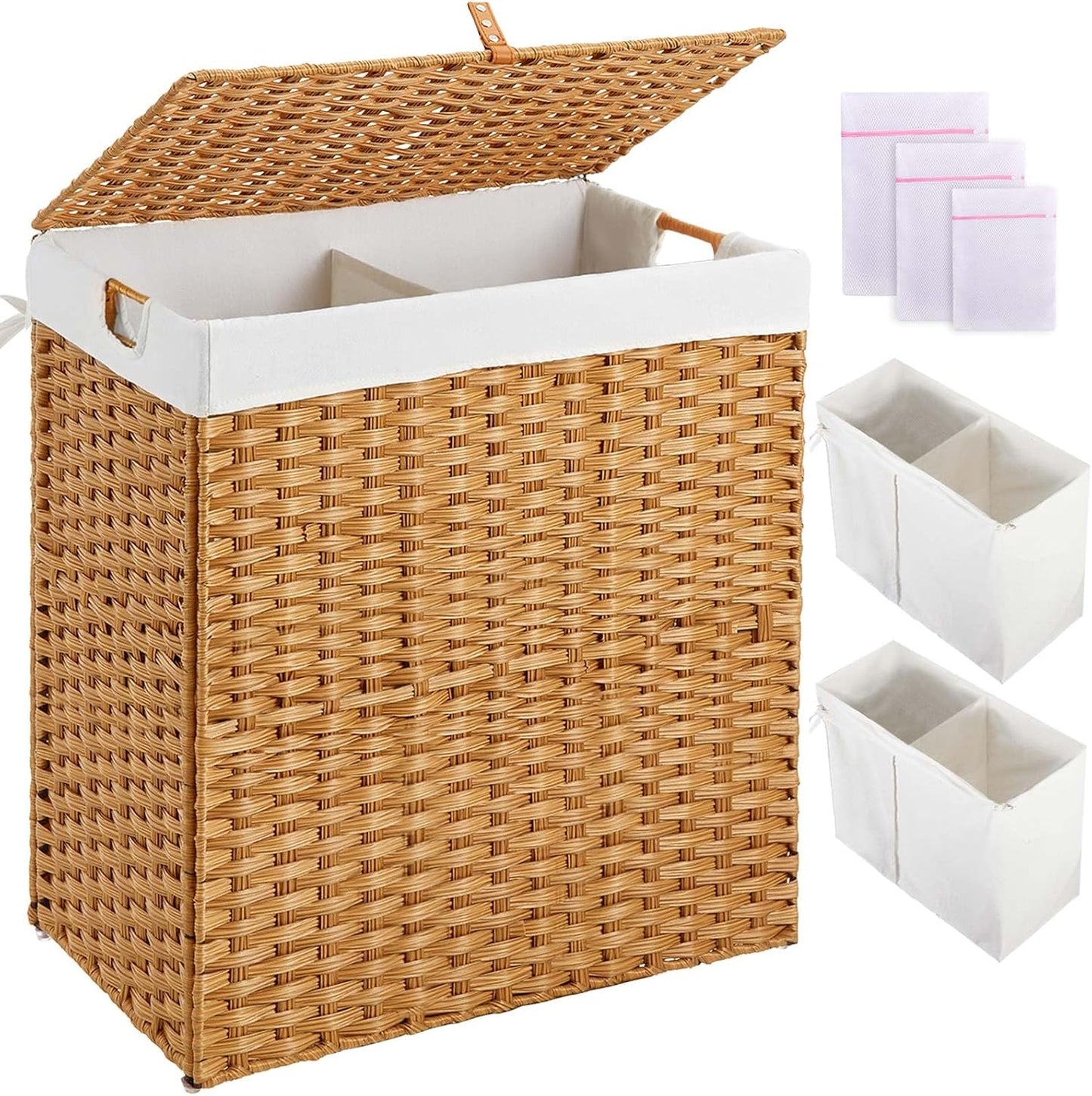 Greenstell Laundry Hamper with 2 Removable Liner Bags, Foldable Divided Clothes Hamper, 90L Handwoven Rattan Laundry Basket with Lid and Handles, No Assembly Needed, 18.3x13.3x24 Inches, Black