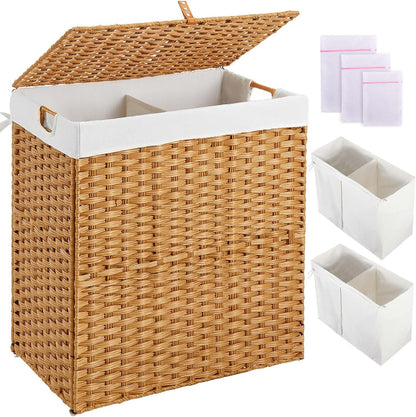 Greenstell Laundry Hamper with 2 Removable Liner Bags, Foldable Divided Clothes Hamper, 90L Handwoven Rattan Laundry Basket with Lid and Handles, No Assembly Needed, 18.3x13.3x24 Inches, Black