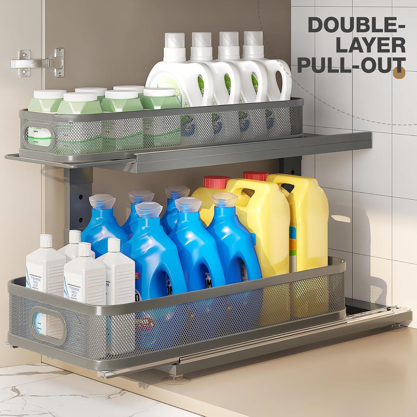 2 Pack 18.5IN-Depth Under Sink Organizer With Next-Gen Ball-Bearing Slides,2-Tier Precision Mesh Pull Out Cabinet Storage for Bathroom&Kitchen,Height Adjustable Drawers Shelf,Anti-rust-White