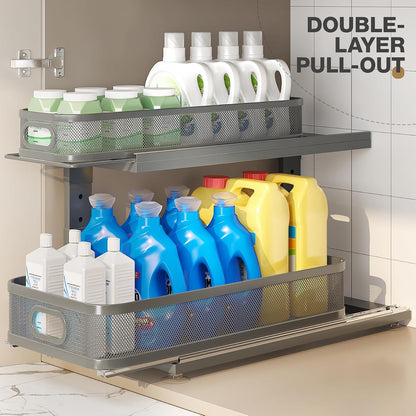 2 Pack 18.5IN-Depth Under Sink Organizer With Next-Gen Ball-Bearing Slides,2-Tier Precision Mesh Pull Out Cabinet Storage for Bathroom&Kitchen,Height Adjustable Drawers Shelf,Anti-rust-White