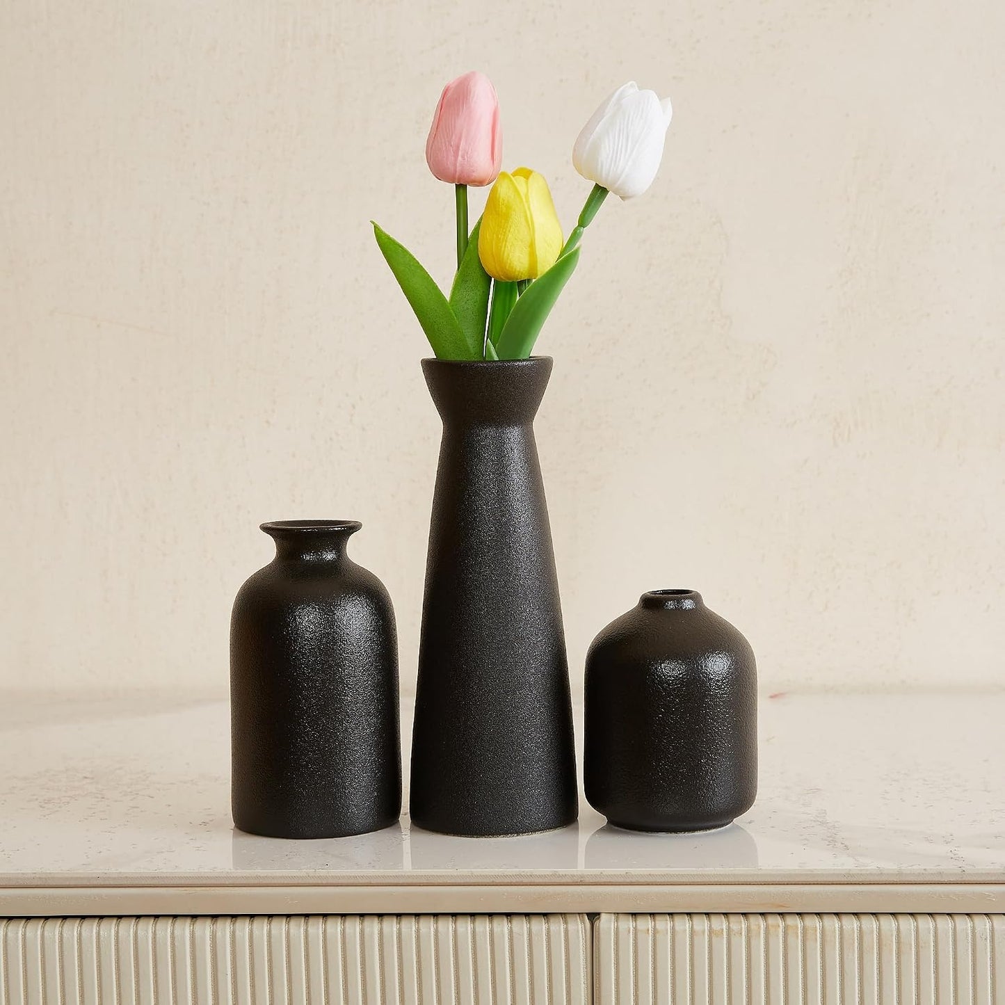 Ceramic Vase,Small Vases for Decor,Set 3 Modern Boho Vases for Flower Pampas,Fit for Living Room Desk Shelf Decor (Beige)
