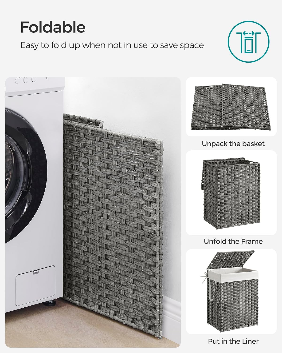 SONGMICS Laundry Hamper with Lid, 23.8 Gallon (90 L) Synthetic Rattan Clothes Laundry Basket with Lid and Handles, Foldable, Removable Liner, Chestnut Brown ULCB051K02