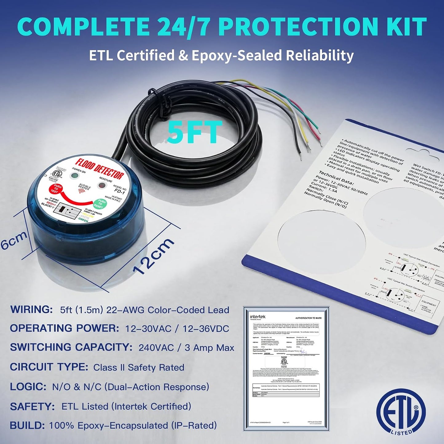 HVAC Flood Sensor Water Leak Detector with Internal Audible Alarm, 12-30V AC/12-36V DC 3A High Load 5-Wire Condensate Overflow Switch for Primary/Secondary Drain Pans, Mini-Splits & Furnaces, ETL