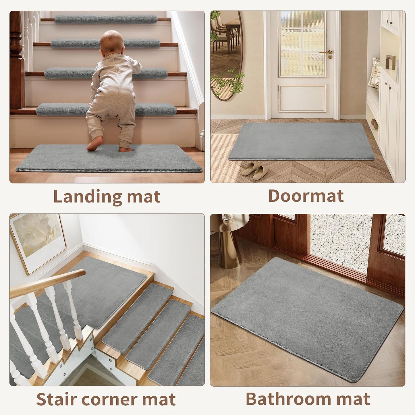 Bullnose Stair Treads Non Slip 9.5" x 32", 14 Pcs Ultra Plush Carpet Stair Treads for Wooden Steps Indoor with Edge Protection, Reusable Peel and Stick TPU Backing Stair Runner Rugs - Beige Gray