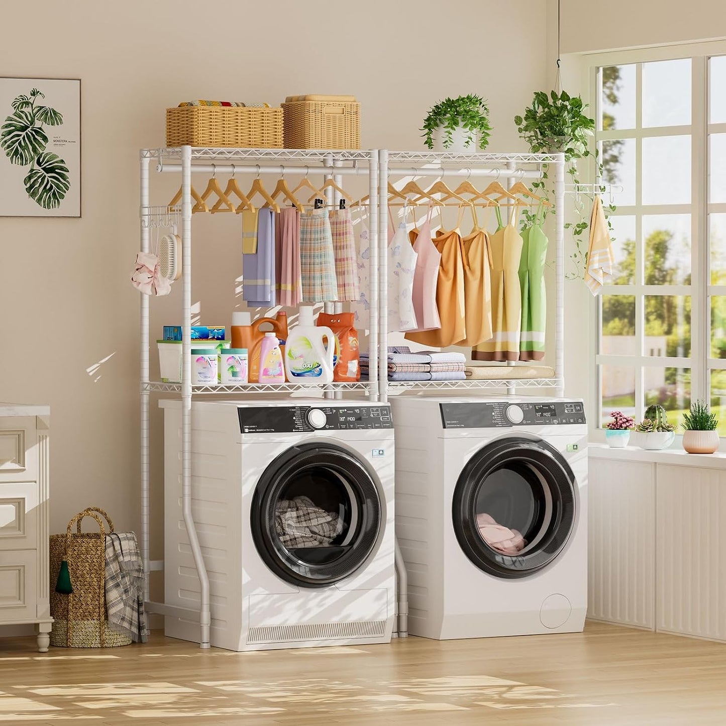Golpart Over Washer and Dryer Shelves,Heavy Duty Laundry Room Storage Organization Clothes Drying Rack,5 Tier Adjustable Height Wire Shelving and Wire Basket with Hanger Rod&Hook,Space Saving Shelf