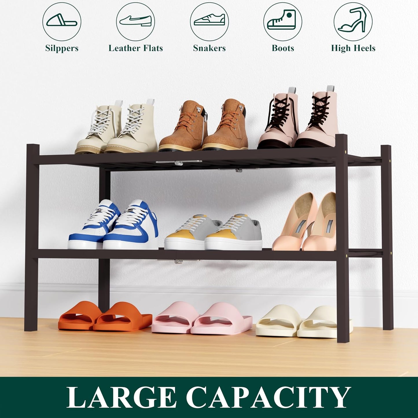Smiry Bamboo Shoe Rack, 3 Tier Free Standing Wooden Shoe Organizer, Stackable Wood Shoe Storage Shelf for Closet, Entryway, 12 Vertical Slats, 2+1 Stack Standard Legs, 26.8"x11"x19.5", Natural
