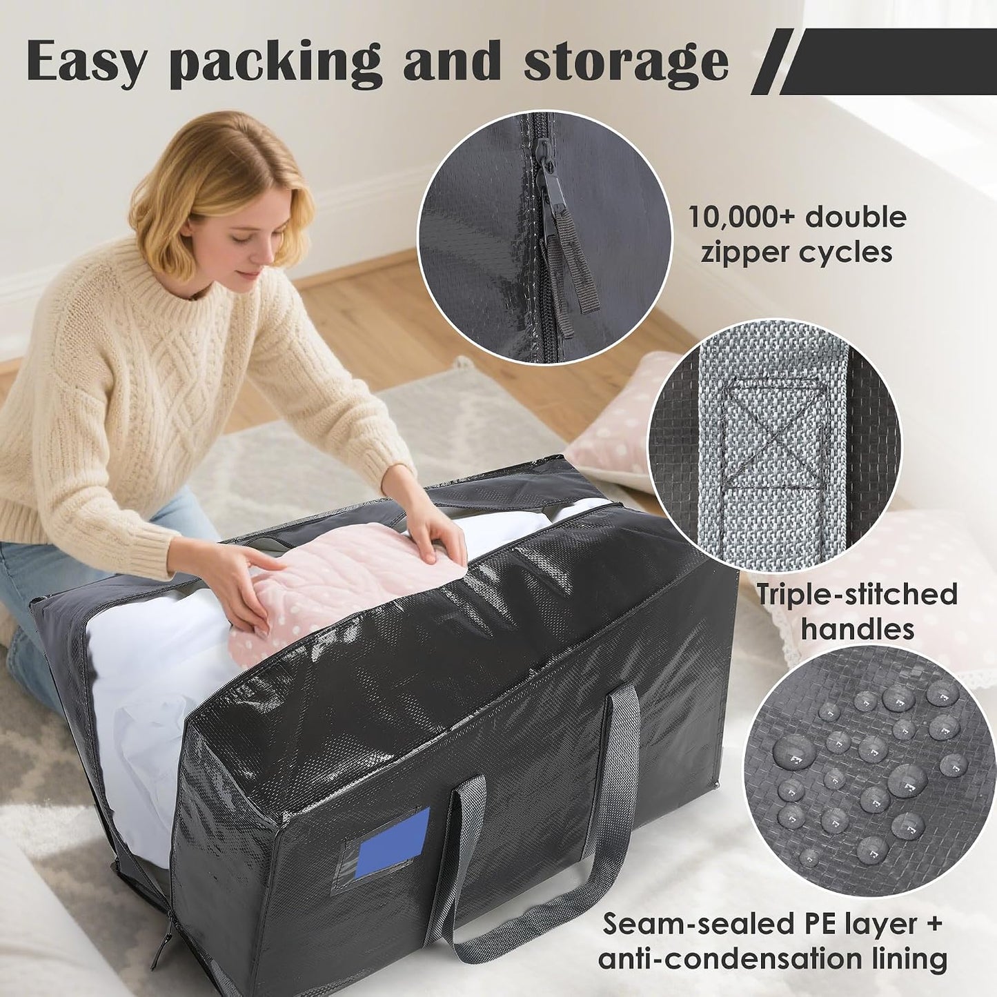 6 Pack Moving Bags Heavy Duty 210GSM with Full-Open Side Zipper, 93L 220lbs Waterproof Foldable Storage Totes for College Dorm Move-In, Moving Boxes Alternative & Home Organization, Blue