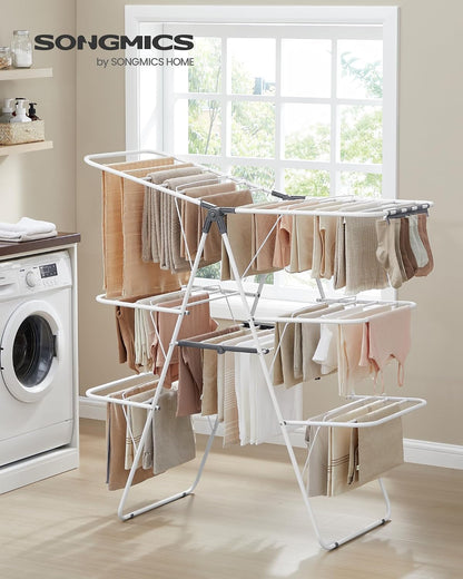 SONGMICS Clothes Drying Rack, Foldable Laundry Drying Rack, Blue | Sock Clips, Metal Clothes Airer with Height-Adjustable Gullwings, Space-Saving, Indoor Outdoor, ULLR505EQ01