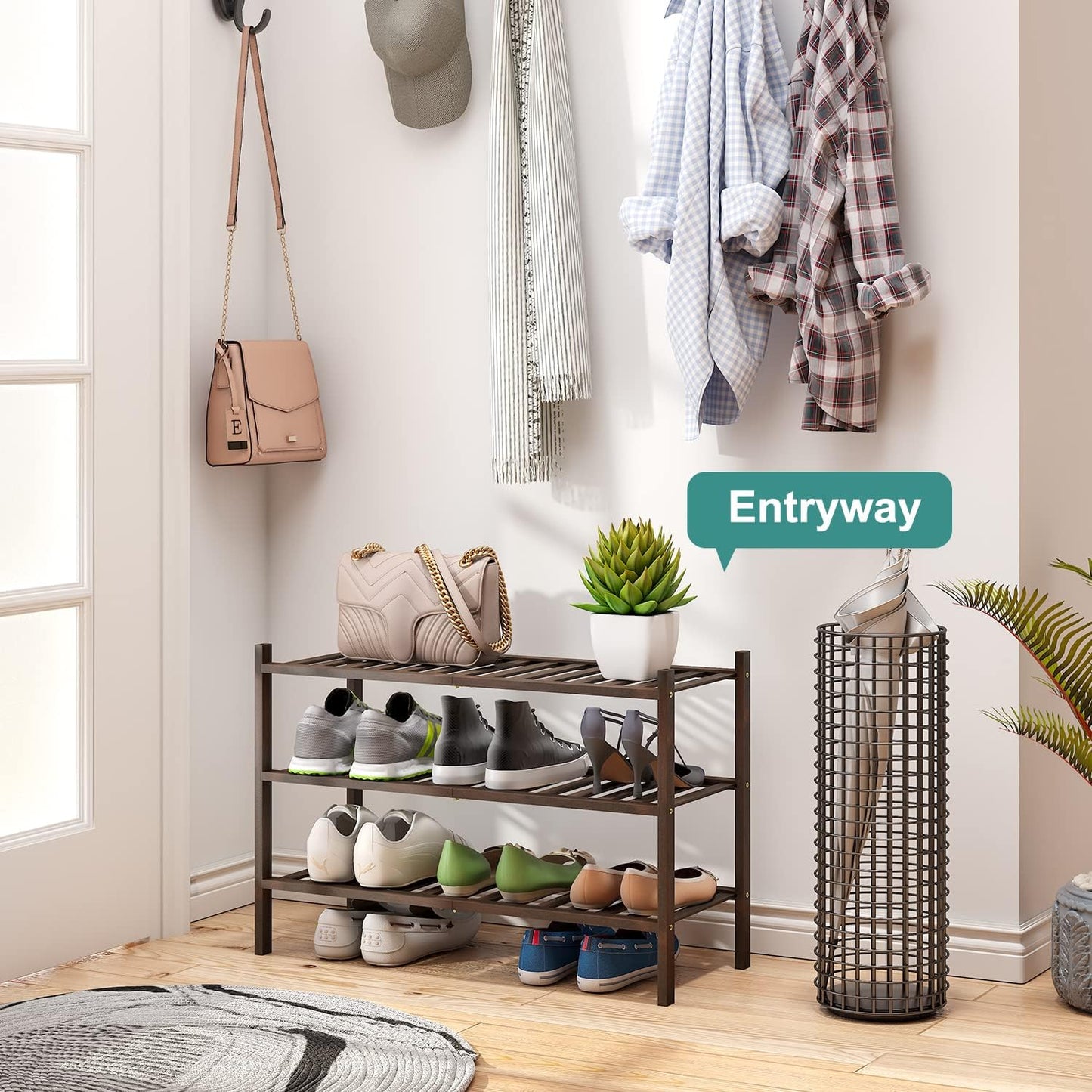 viewcare 3-Tier Black Bamboo Shoe Rack for Entryway, Stackable | Foldable | Natural, Shoe Shelf Storage Organizer for Hallway Closet, Free Standing Shoe Racks for Indoor Outdoor