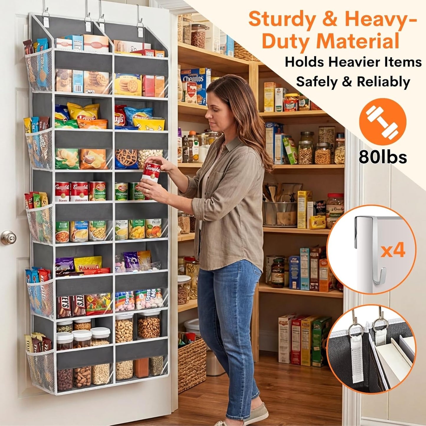 Over The Door Organizer, 5-Tier Extra Large Behind Door Storage with 10 Big Front & 10 Mesh Pockets, 80lb Capacity, Hanging Storage Organizer with Clear Window Kids Toys, Shoes, Diapers, Light Grey