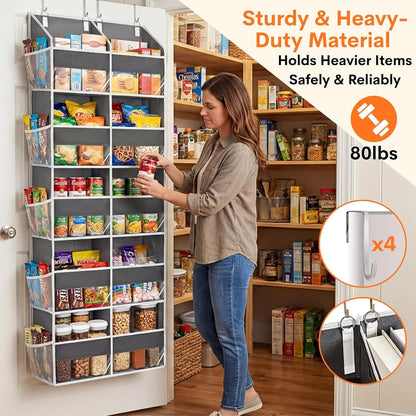 Over The Door Organizer, 5-Tier Extra Large Behind Door Storage with 10 Big Front & 10 Mesh Pockets, 80lb Capacity, Hanging Storage Organizer with Clear Window Kids Toys, Shoes, Diapers, Light Grey