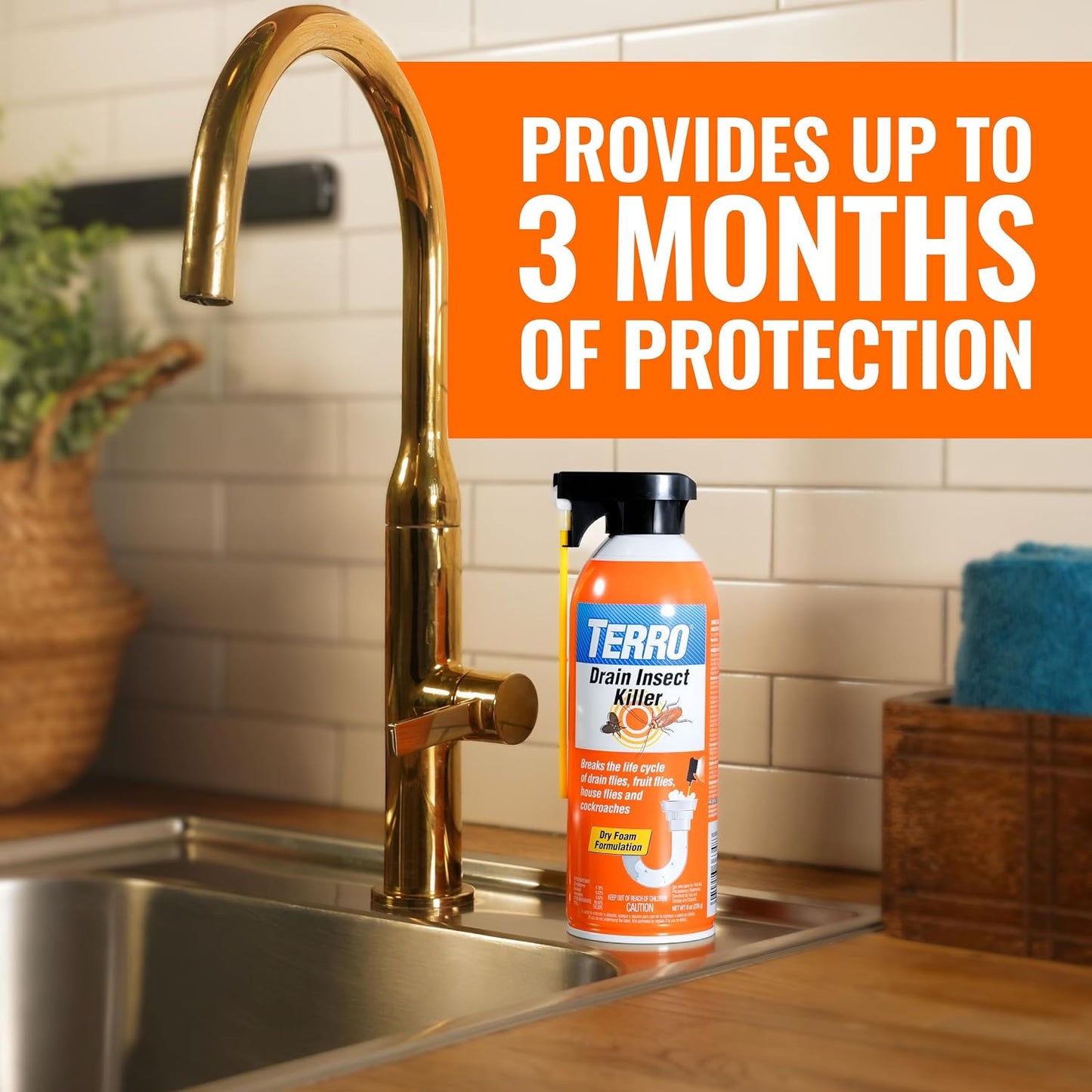 TERRO Drain Insect Killer, 1-Pack, Foam Treatment for Indoor Infestations | Kills Cockroaches, Drain, House, & Fruit Flies, Extension Tube Application, Drain Fly Killer, Works on All Pipes