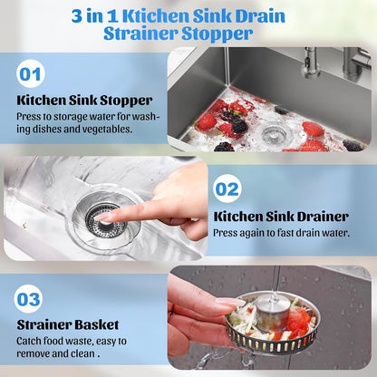 NinjaTiger Kitchen Sink Drain Strainer - 3-in-1 Stainless Steel Pop Up Sink Stopper Anti-Clogging Sink Strainer Basket Sink Drainer Filter Plug for US Standard 3-1/2'' Sink Drain | Gunmetal Gray