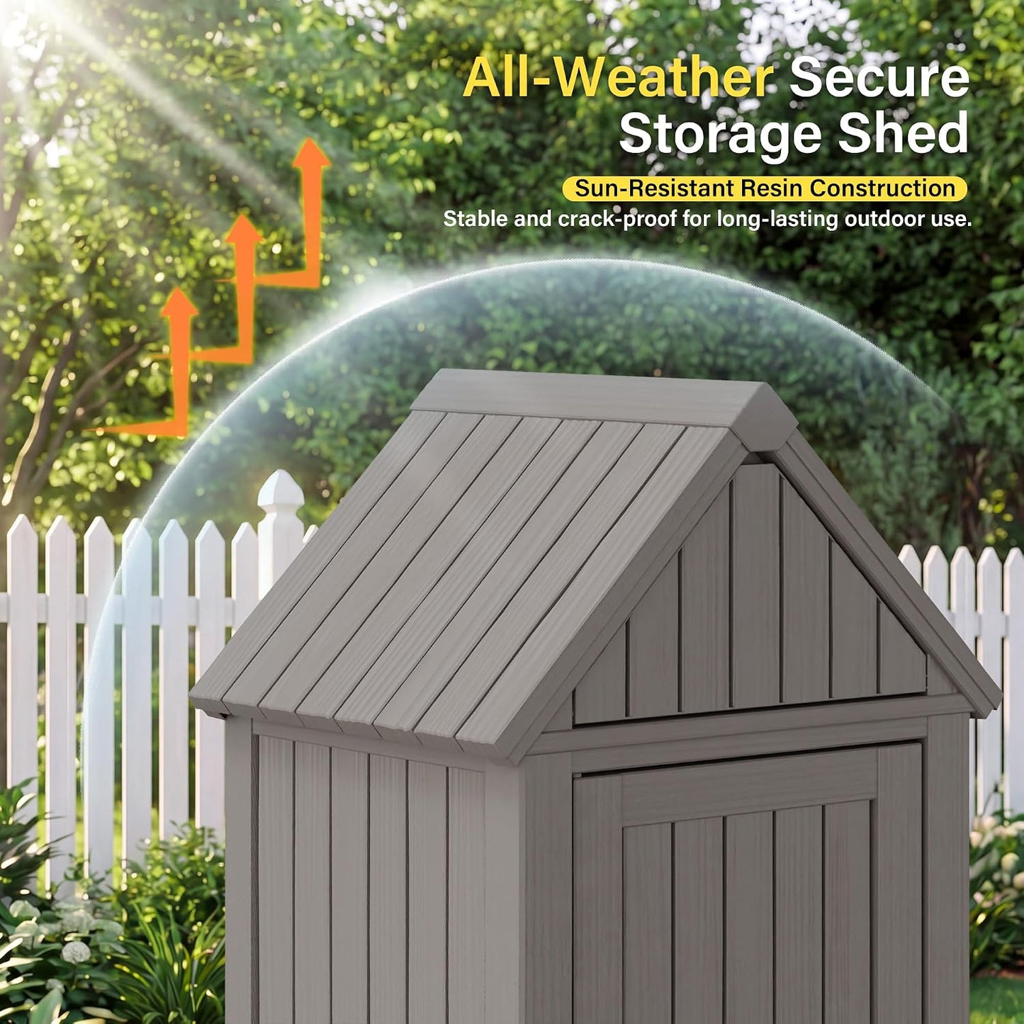 Bifanuo Deck Box Storage Shed Outdoor Storage Cabinet, Vertical Waterproof Resin Material Plastic Shed with Removable Shelves, 12 Hooks and Lock Ring for Garden, Pool and Patio (Classic Black)