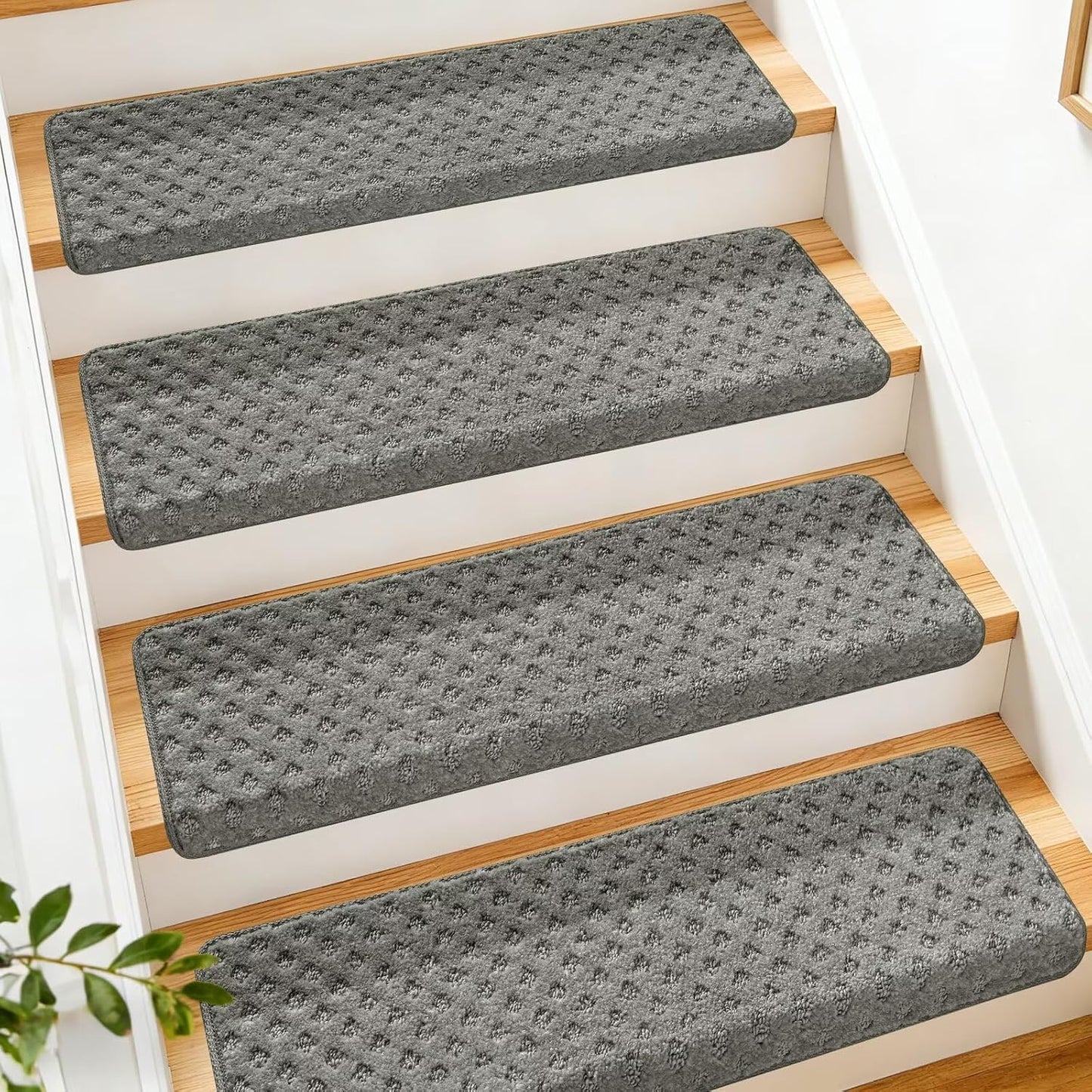 DEXDE Bullnose Stair Treads for Wooden Steps Non-Slip Stair Runner, 14 Pcs | Reusable bullnose carpet Stair Treads Indoor, Peel and Stick Stair Rugs with Edge Protection, Soft Washable, 30"x9.5" Grey