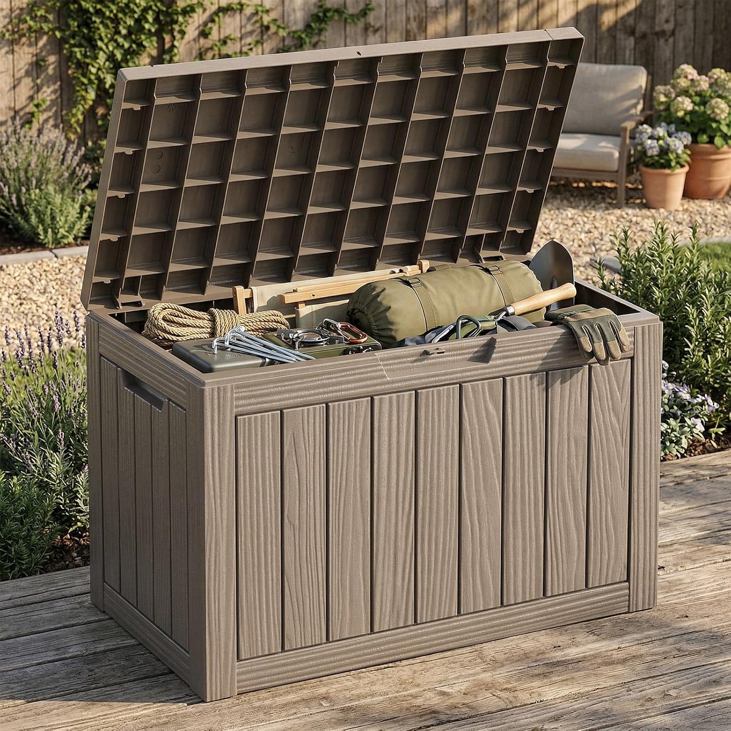 ROJIK 55Gal Outdoor Storage Box Waterproof Deck Box | Heavy-duty UV-resistant resin, space-saving for balcony/patio, stores cushions/tools/pool gear, lockable lid as table/bench