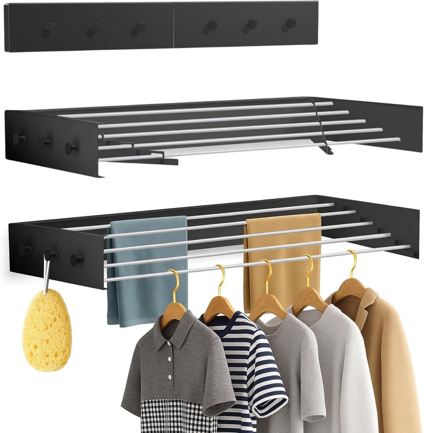 Wall Mounted Drying Racks for Laundry (31.5 Inches Wide) – Retractable Clothes Drying Rack wall Mounted with Carbon Steel Panel 6 Knobs & 5 Aluminium rods, Wall Drying Rack with Screws (Black)