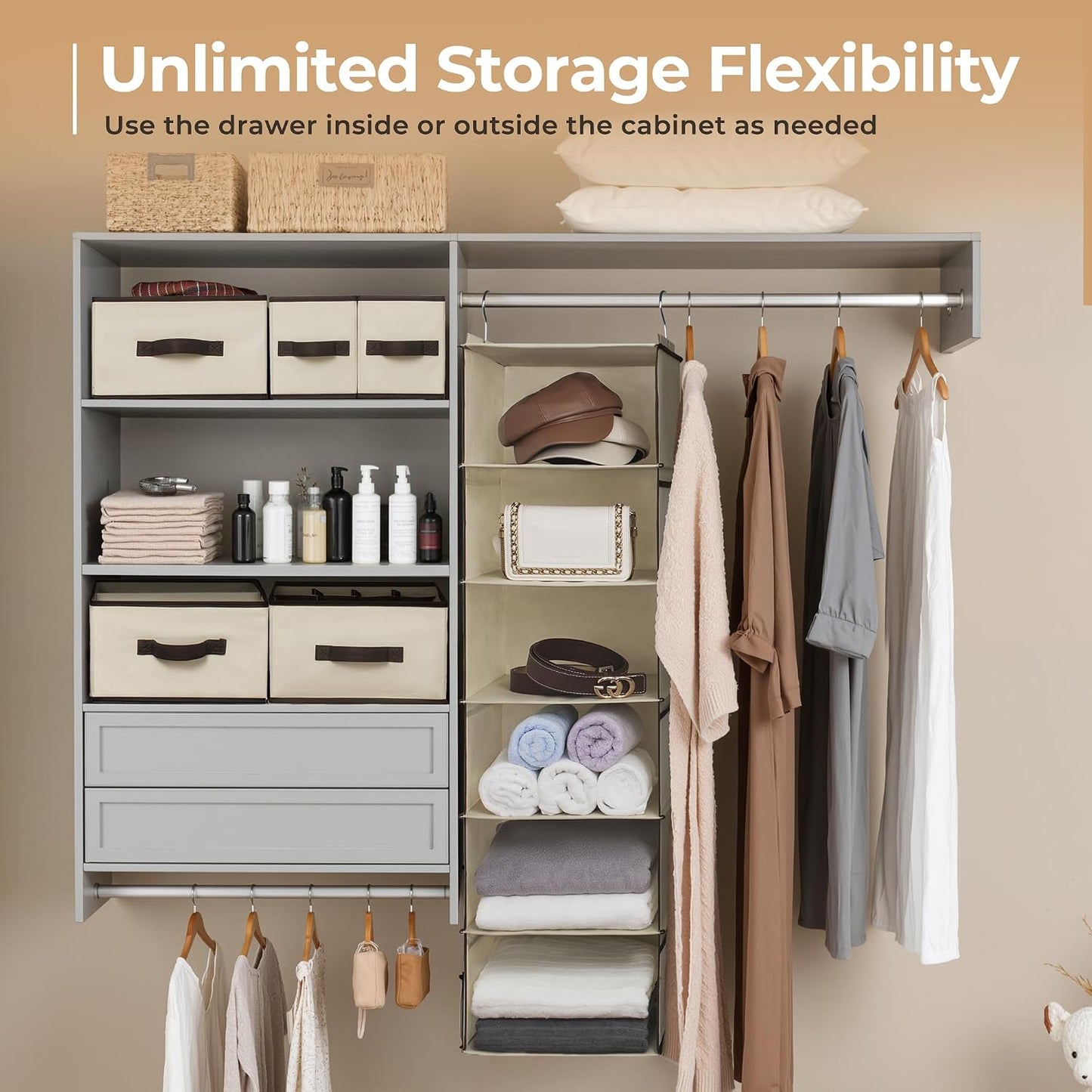 GRANNY SAYS Hanging Closet Organizer 6 Shelves, Closet Organizers and Storage with 5 Drawers, 6 Side Pockets Closet Hanging Organizer, Hanging Storage Organizer for Closet, Baby Clothes, Gray