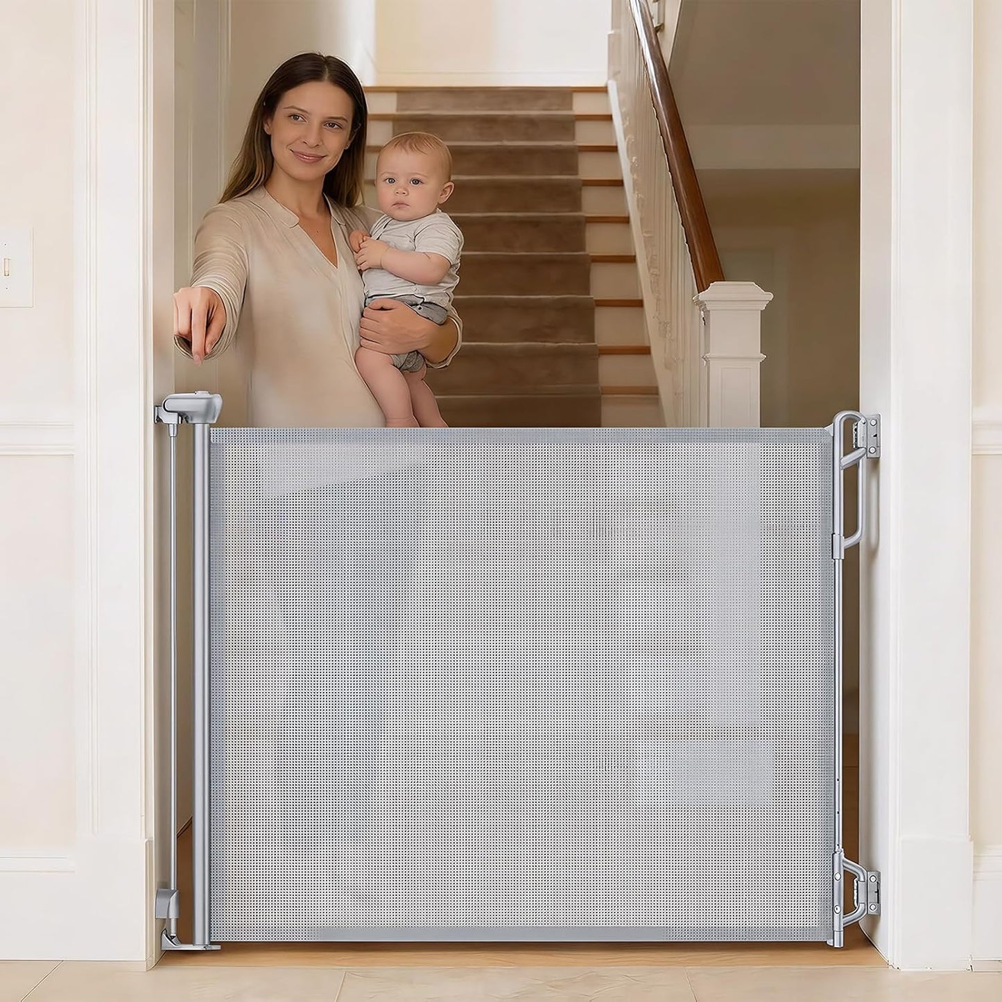 SPACEANY Retractable Safety Baby Gate or Mesh Dog Gate,Durable Portable Mesh Retractable Gate,Easy to Use for Stairs, Doorways, Hallways, Indoor, Outdoor, 33.5" Tall, Up to 45" Wide, Cream